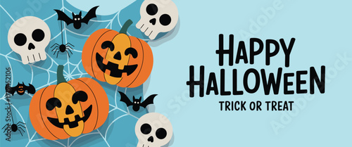 Halloween illustration with pumpkins skulls bats spiders webs light blue background, spooky festive design, trick or treat banner, vector clipart