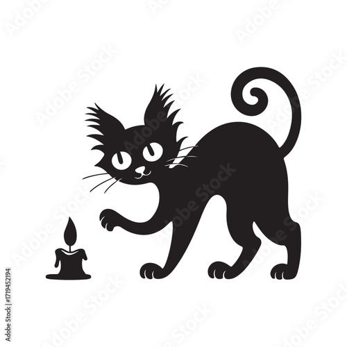 Spooky Black Cat with a Lit Candle Halloween Silhouette Vector