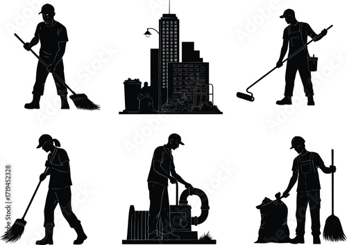 Urban maintenance silhouettes, city cleaning illustration, sanitation worker design, black and white art, infrastructure upkeep, modern lifestyle, decorative graphic, public service, minimal style