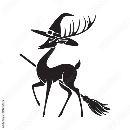 Magical Halloween Deer Wearing a Witch Hat and Flying on a Broomstick Vector