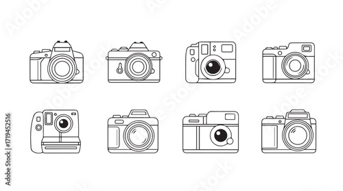 Set of hand drawn vintage and modern camera outlines for photography enthusiasts silhouette