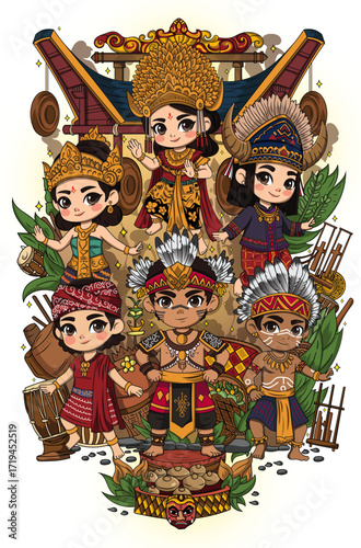 Nusantara Chibi Character Illustration - Indonesian Traditional Costume and Culture Diversity