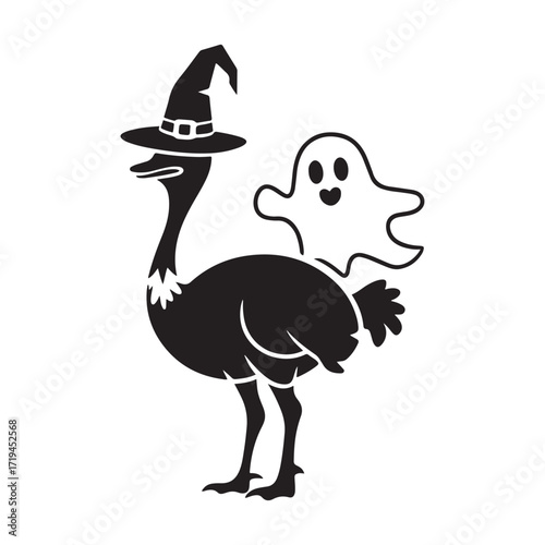 Playful Ostrich Wearing a Witch Hat with a Friendly Ghost Halloween Vector