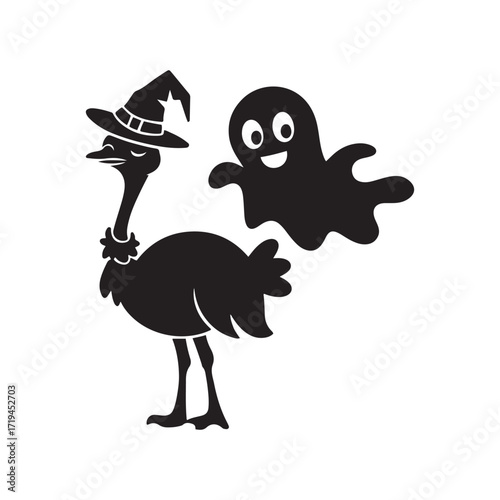 Ostrich Wearing a Witch Hat with a Friendly Ghost Halloween Vector