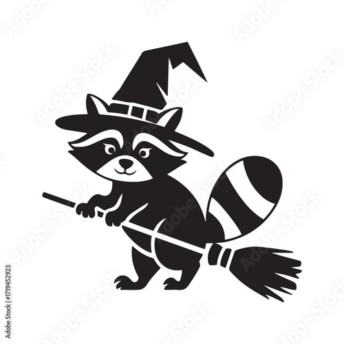 Adorable Raccoon Wearing a Witch Hat and Flying on a Broomstick Vector Silhouette