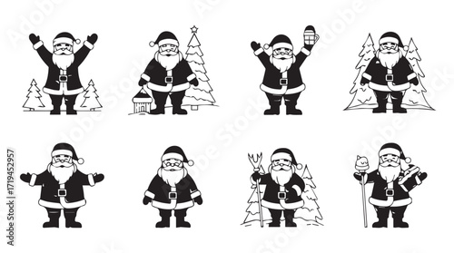 Collection of adorable cartoon santas spreading holiday cheer in festive outfits silhouette