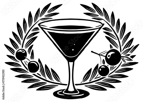 Martini Glass Silhouette with Olive, American Food SVG, PNG