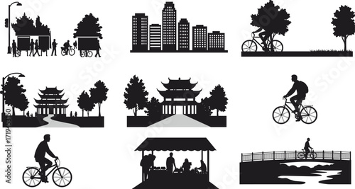 Urban and park silhouettes, city life illustration, bicycle commuter design, pavilion architecture art, market scene, skyline figure, black and white, decorative graphic, cultural lifestyle