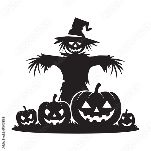 Scary Halloween Scarecrow with Four Jack-o'-Lanterns in a Field Vector Silhouette
