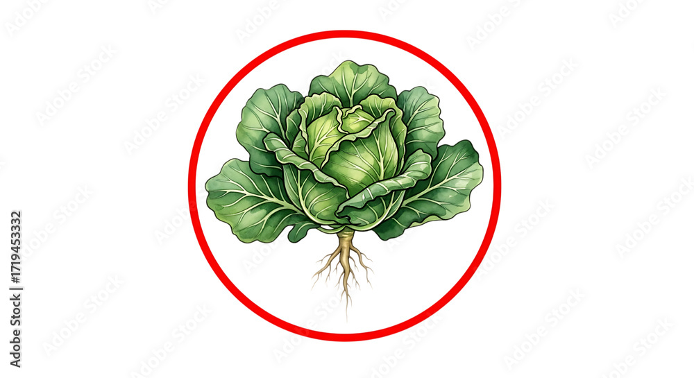 Obraz premium Fresh green cabbage illustration, perfect for organic food campaigns, farm market promotions and healthy eating designs with rustic circle element adding a touch of natural charm