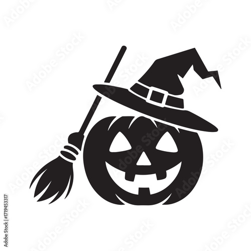 Spooky Jack-o'-Lantern with Witch Hat and Broomstick Halloween Vector