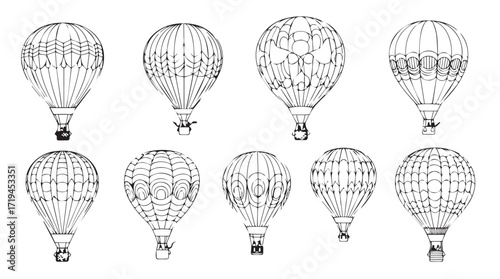 Vintage hot air balloons set retro aviation travel adventure sky transportation silhouette