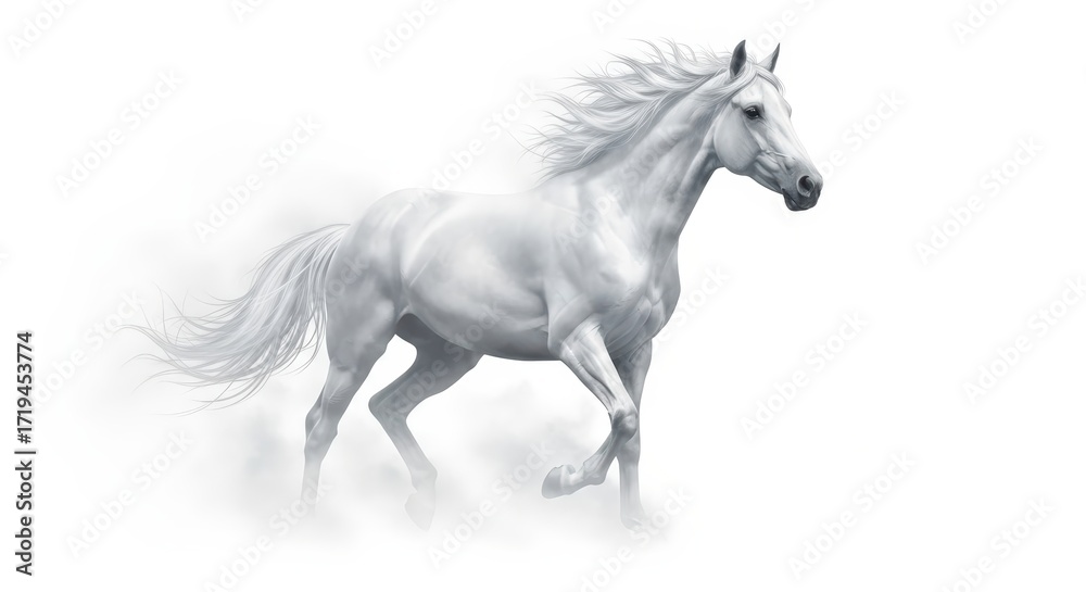 Obraz premium A majestic white horse gallops through a misty, ethereal landscape, its mane and tail flowing dynamically.