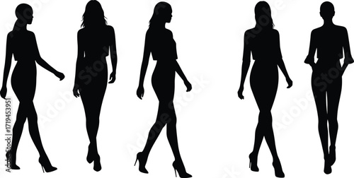 Fashion silhouettes, women walking in heels, stylish figure illustration, black and white design, modern clothing art, chic posture, runway concept, decorative graphic, minimal style, elegant stance