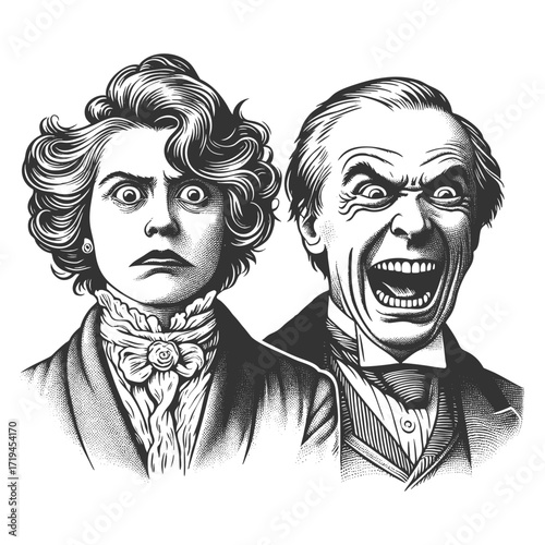 couple with exaggerated expressions the woman looks stern while the man laughs maniacally sketch engraving generative ai fictional character vector illustration. Scratch board. Black and white image