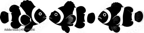 Three Black Silhouette Clownfish Swimming in a Line — Marine Life Artwork for Design Projects