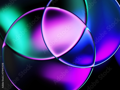 Foto Neon gradient blur dark 3d background with overlapping glass circle frames