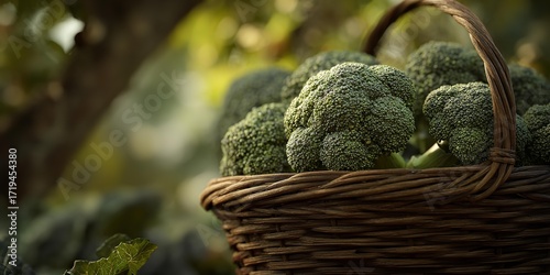 A basket full of broccoli is shown in a lush green field