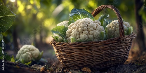 A basket full of cauliflower is shown in a lush green field.