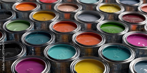 A row of colorful paint cans are lined up, each with a different color