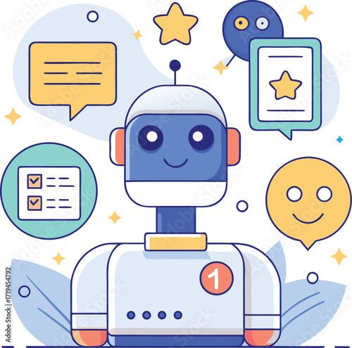Artificial Intelligence Chatbot Collecting Customer Feedback – Flat Vector Illustration for Survey, Review, and User Experience Concept
