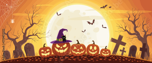 Halloween night illustration, glowing pumpkins black cat moon graveyard spooky tree bat, festive eerie design, scary holiday graphic, vector clipart