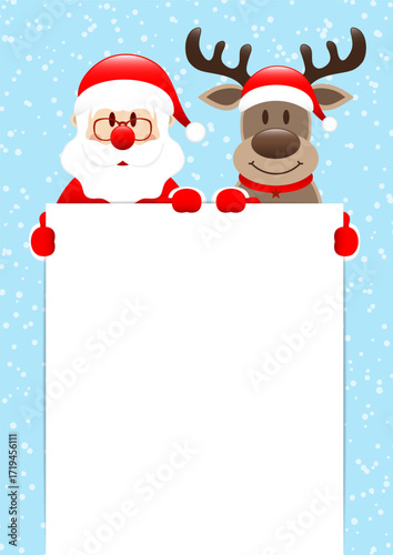 Weihnachtsmann Und Rentier Halten Poster Schnee Hellblau