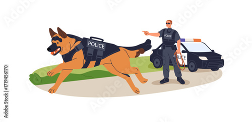 Police dog on duty. Cop, officer and shepherd at service, work. Trained canine animal searching, tracking, chasing during security task, patrol. Flat vector illustration isolated on white background.