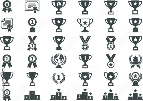 Trophy icons collection, award medal symbols, certificate illustration, championship prize design, achievement vector, victory celebration, winning competition, success recognition elements