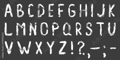 Uppercase English alphabet letters and punctuation marks. Grunge hand drawn chalk font on school board. Shabby, sloppy signs, vector elements