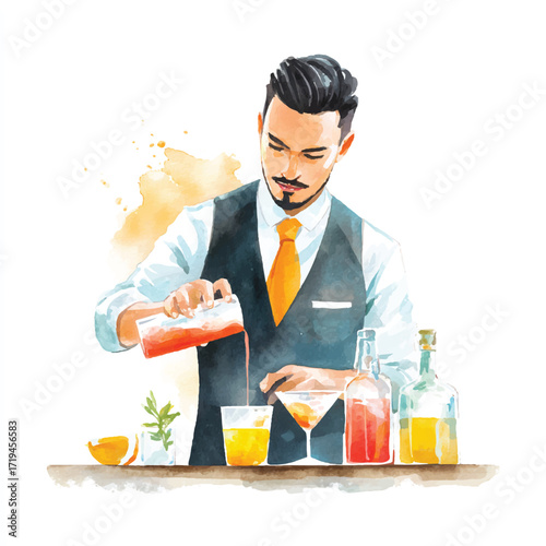 Bartender expertly pouring cocktail, focused on mixing drinks, professional barman at work.