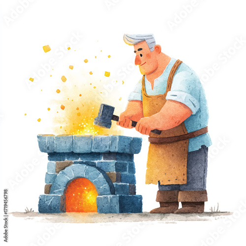 Blacksmith working on metal with hammer and anvil in workshop.