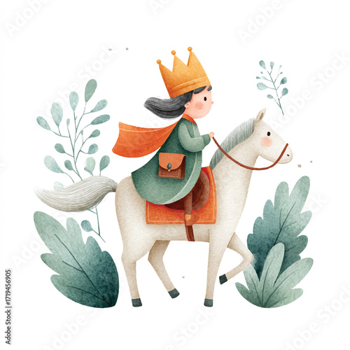 A young prince rides a white horse through a magical forest.