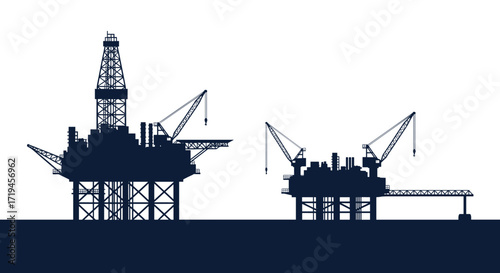 Offshore oil rigs silhouette industrial energy production.