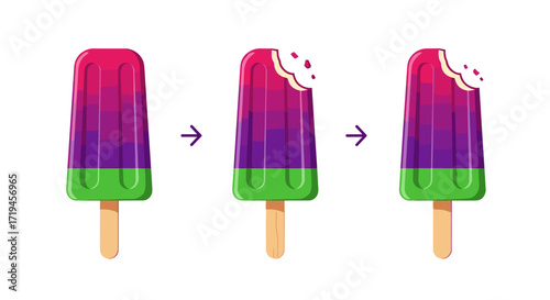 Colorful popsicle being eaten step by step.