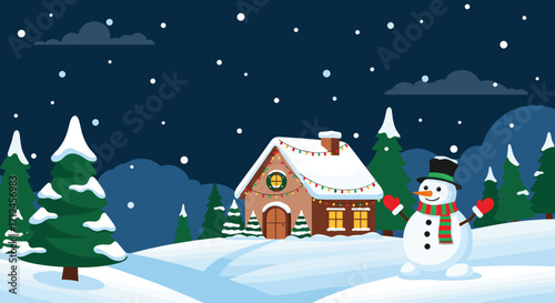 Charming Winter Scene with Gingerbread House and Snowman.