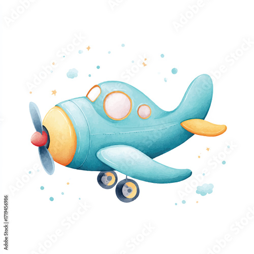 Adorable blue cartoon airplane with a propeller and wheels.
