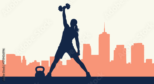Silhouette of a woman exercising with weights in a city skyline.