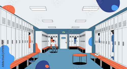 Sports Locker Room with Athletes Getting Ready for Game.