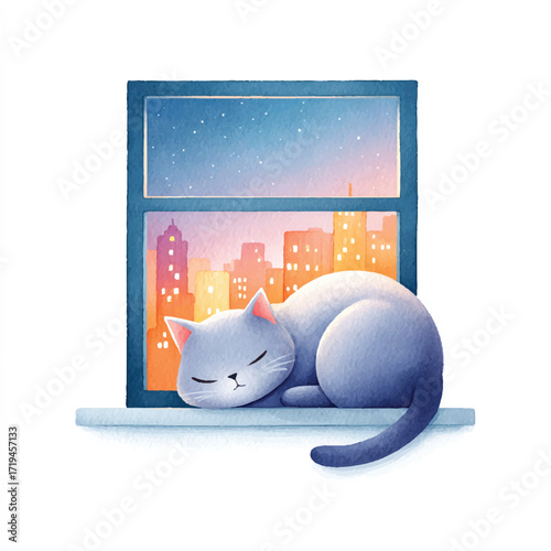 Adorable cartoon cat sleeping peacefully on a windowsill.