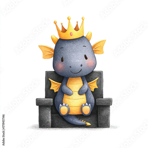 Adorable Dragon King Sits on Throne.