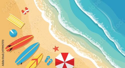 Summer Beach Scene With Surfboards And Ocean Waves.