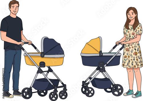 Parents walking with baby strollers, outdoor family activity, modern pram design, parenting lifestyle, childcare, casual clothing, urban park, vector illustration