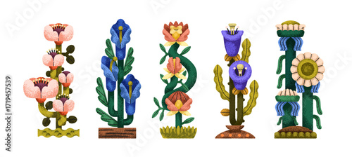 Fantasy flowers set. Whimsical quirky fancy blossoms, fairy dreamy blooms. Creative garden floral plants in fairytale fantastic style. Kids flat vector illustration isolated on white background.