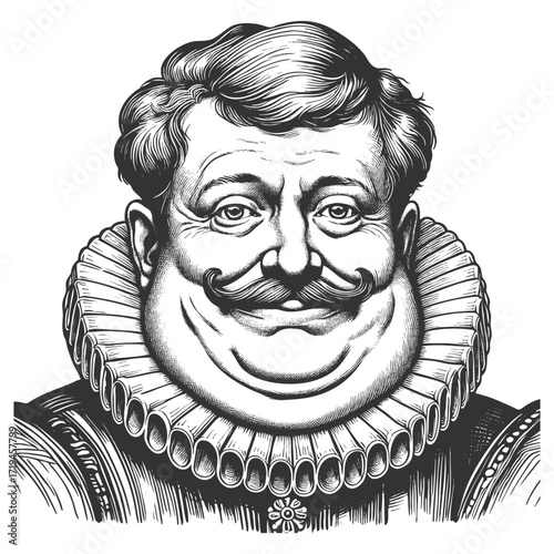 caricature of a plump Renaissance nobleman, drawn with a smug, humorous expression sketch engraving generative ai fictional character vector illustration. Scratch board imitation. Black and white.