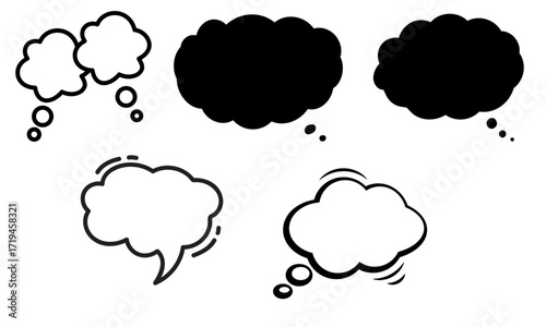 A collection of diverse thought and speech bubbles in various styles, including outlined and solid black, representing communication, ideas, and dreams.
