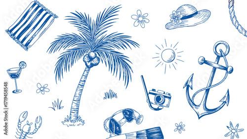Dreaming of a carefree summer beach vacation with palm trees, cool drinks, and ocean breezes, sketched in elegant blue, perfect for travel blogs and summer promotions