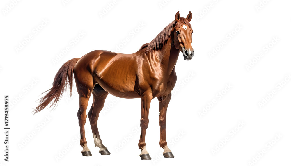 Fototapeta premium Chestnut horse, standing, facing right, sleek coat, long mane and tail, detailed hooves, dark eyes, muscular build, isolated on black background