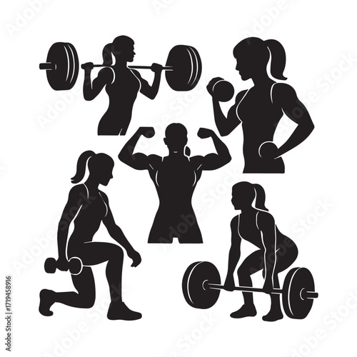 Weightlifting exercise silhouettes vector illustration in black and white with barbell, dumbbell and flexing poses for fitness and strength themes
