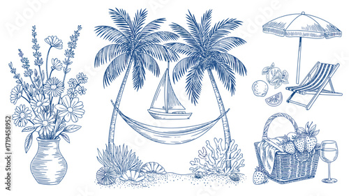 Whimsical beach getaway hand drawn sketch with palm trees, sailboat, hammock, beach chair, and picnic basket evokes summer vacation bliss and relaxation, perfect for travel and leisure designs